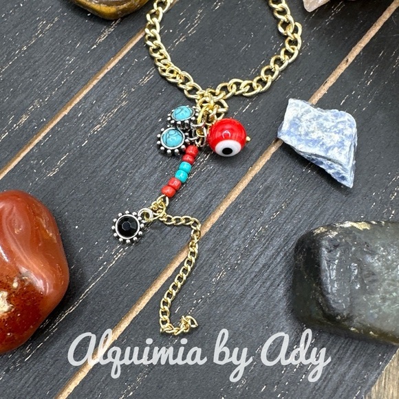 Dainty 14k plated evil’s eye and turquoise necklace charms cluster - Picture 2 of 3